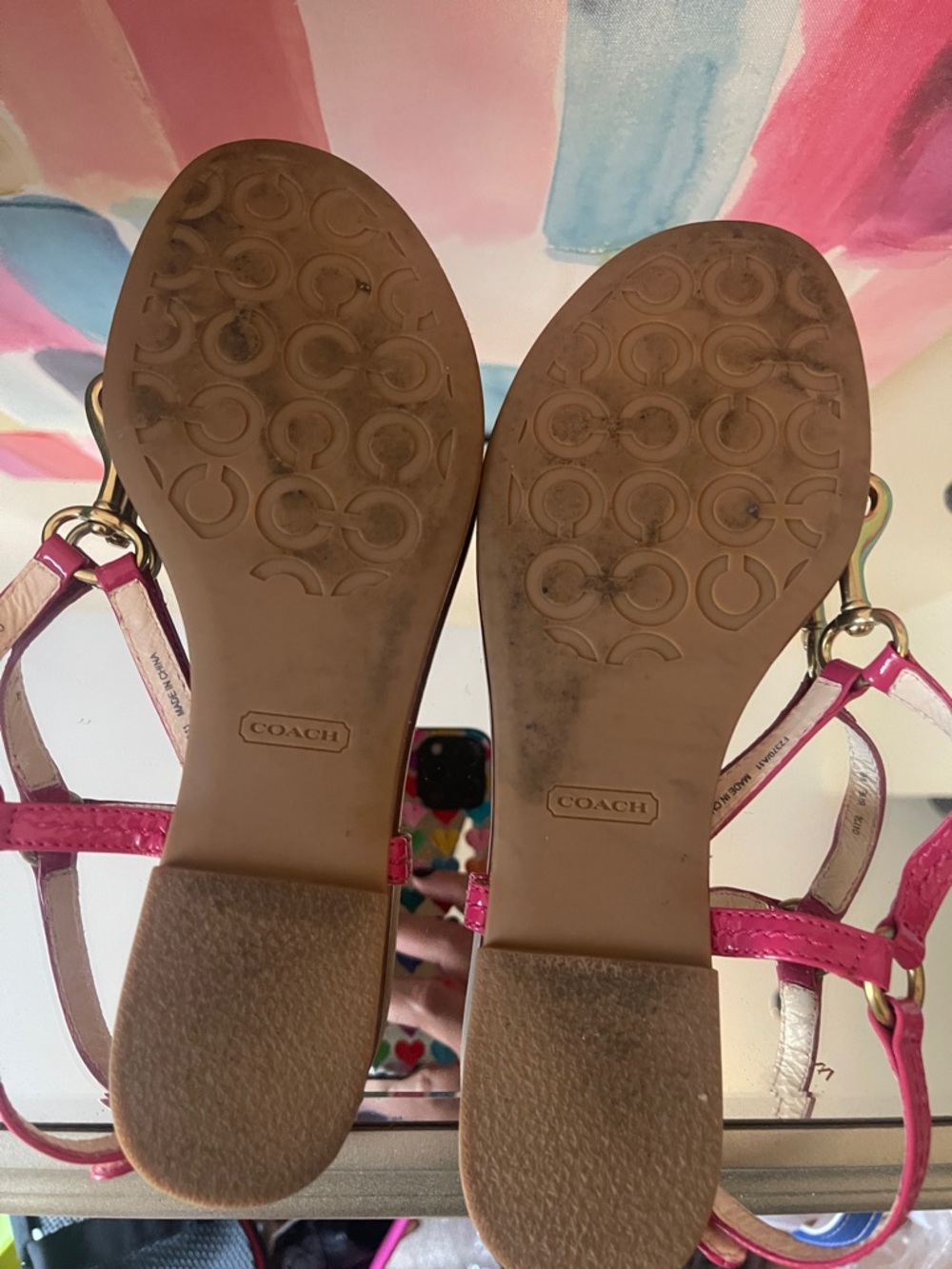 Coach Hot Pink Leather T-Strap Sandals with Gold Hardware - Picture 4 of 5